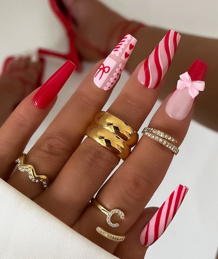 Pink Candy Cane Stripe and Gingerbread Man Coffin Nails — Coffin Christmas Nails