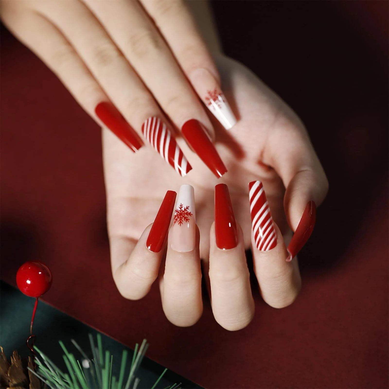 Red and White Candy Cane Stripe Coffin Nails — Coffin Christmas Nails