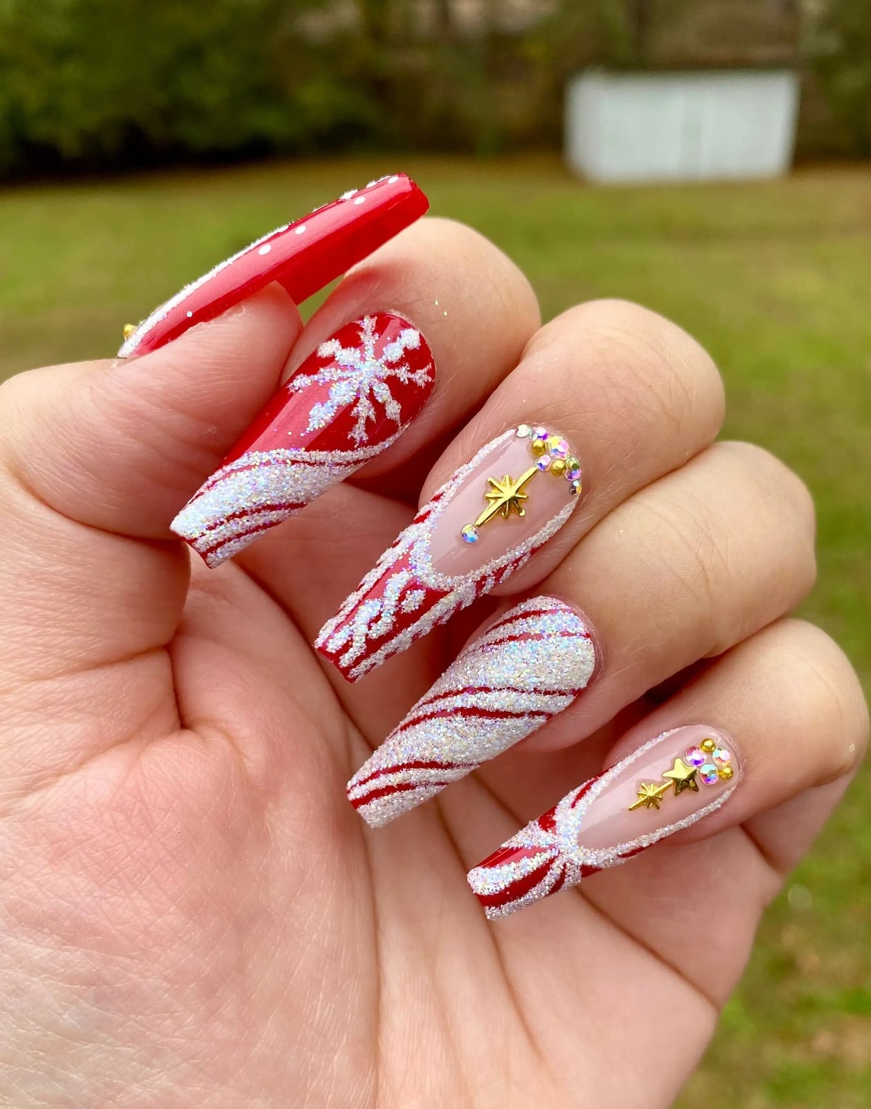 Candy Cane Snowflake Glitter Coffin Nails — Coffin Christmas Nails