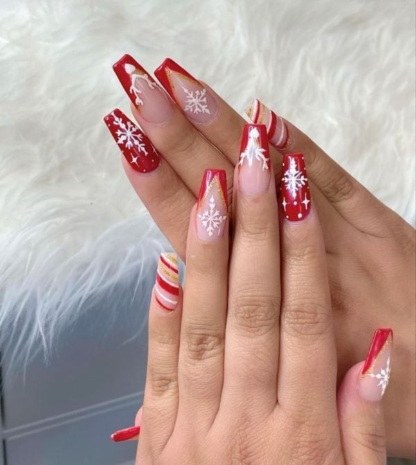 Snowflake and Candy Cane French Tip Coffin Nails — Coffin Christmas Nails
