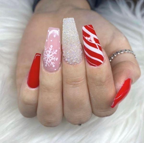 Pink Snowflake Glitter Candy Cane Coffin Nails, Glossy — Coffin Christmas Nails