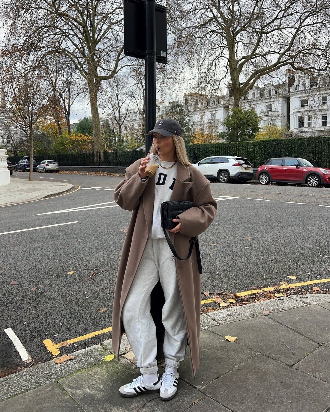 Taupe oversized coat with gray sweatshirt and sweatpants — Cold Weather Outfits