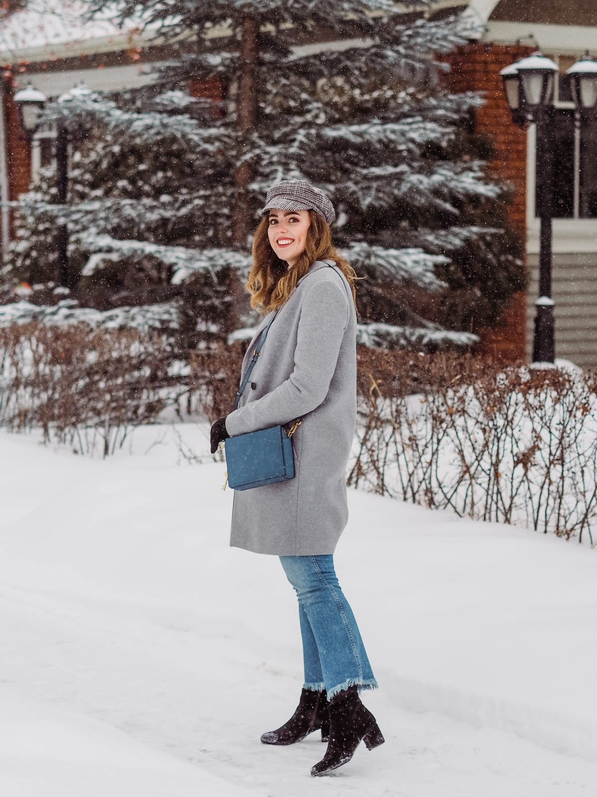 Gray double-breasted coat with turtleneck and flared jeans — Cold Weather Outfits