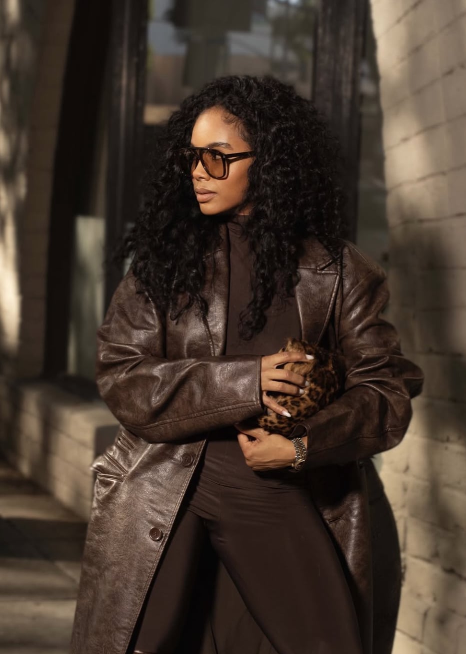 Brown leather trench coat with turtleneck and leggings — Cold Weather Outfits