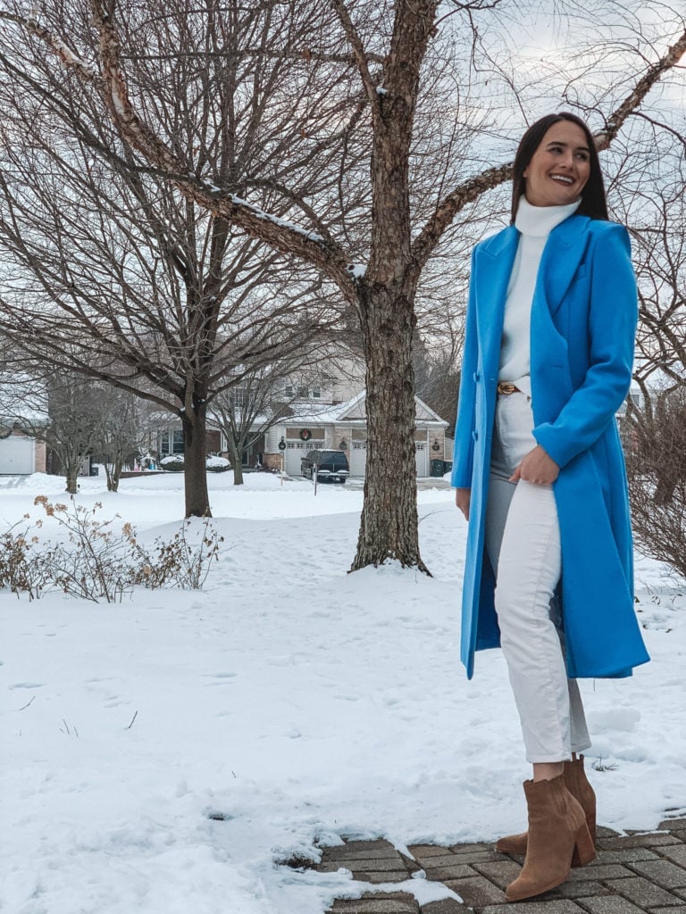 Bright blue wool coat over white turtleneck and gray pants — Cold Weather Outfits