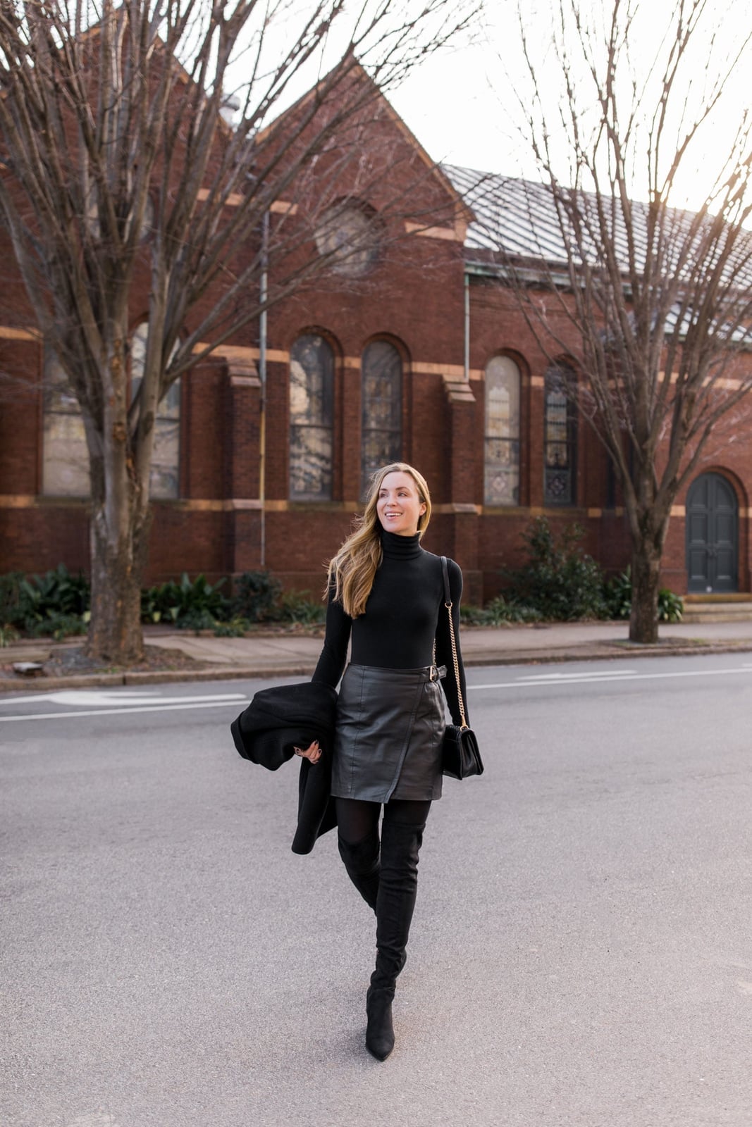 Black leather-look skirt with turtleneck and over-the-knee boots — Cold Weather Outfits