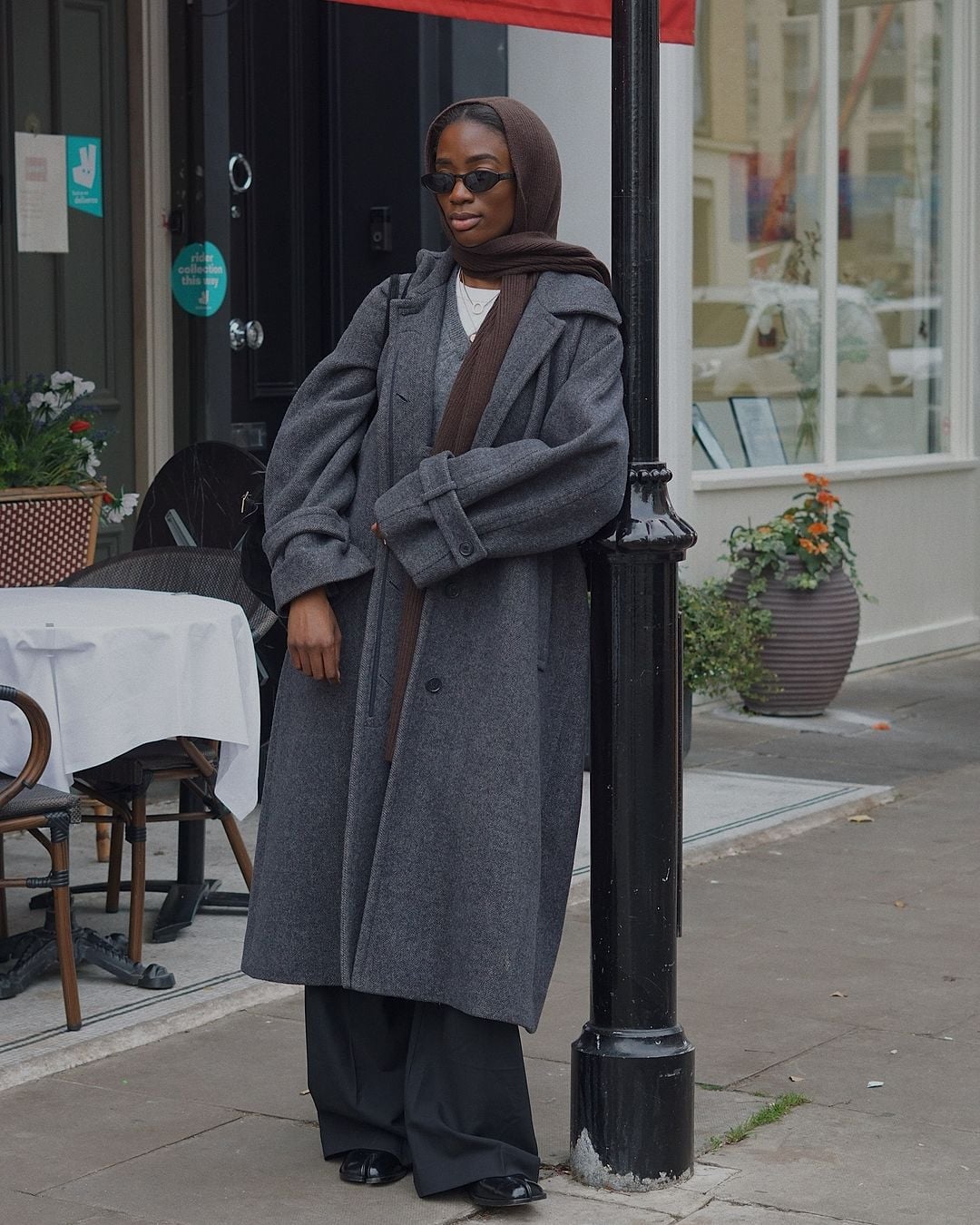 Oversized gray wool coat over sweater and wide-leg pants — Cold Weather Outfits
