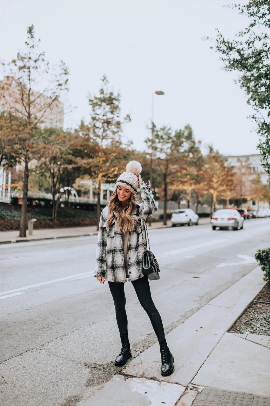 Gray plaid shirt jacket over beige sweater and black leggings — Cold Weather Outfits
