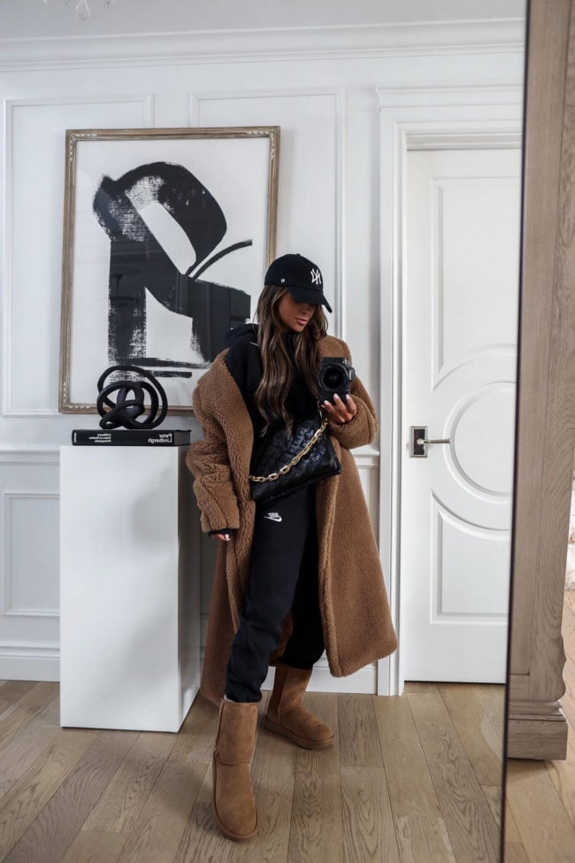 Brown teddy fleece coat over black hoodie and sweatpants — Cold Weather Outfits