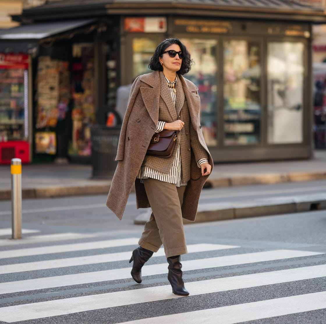 Draped brown coat with beige blazer and olive trousers — Cold Weather Outfits