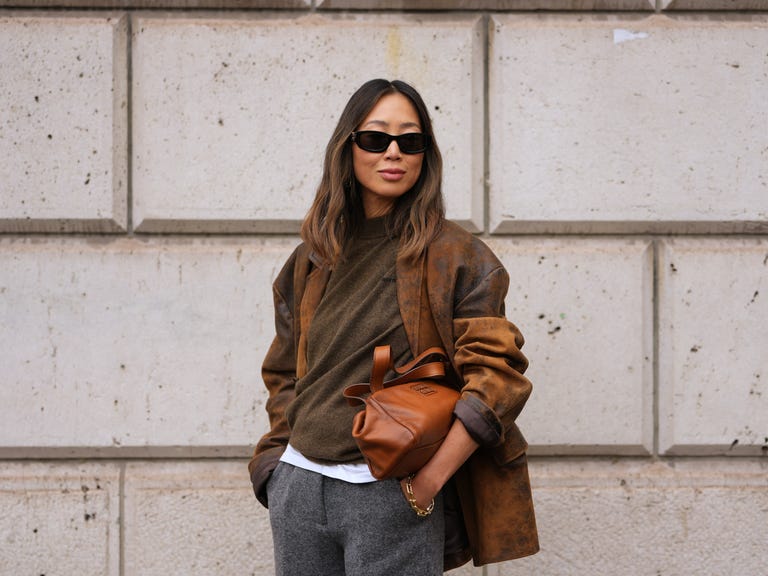 Brown suede-like jacket with olive sweater and gray pants — Cold Weather Outfits