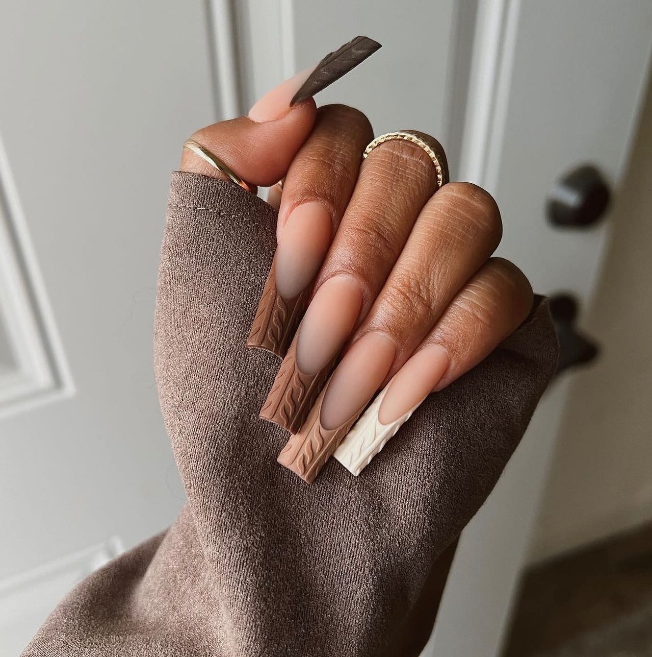 Cozy Cable Knit French Tip Long Coffin Nails
