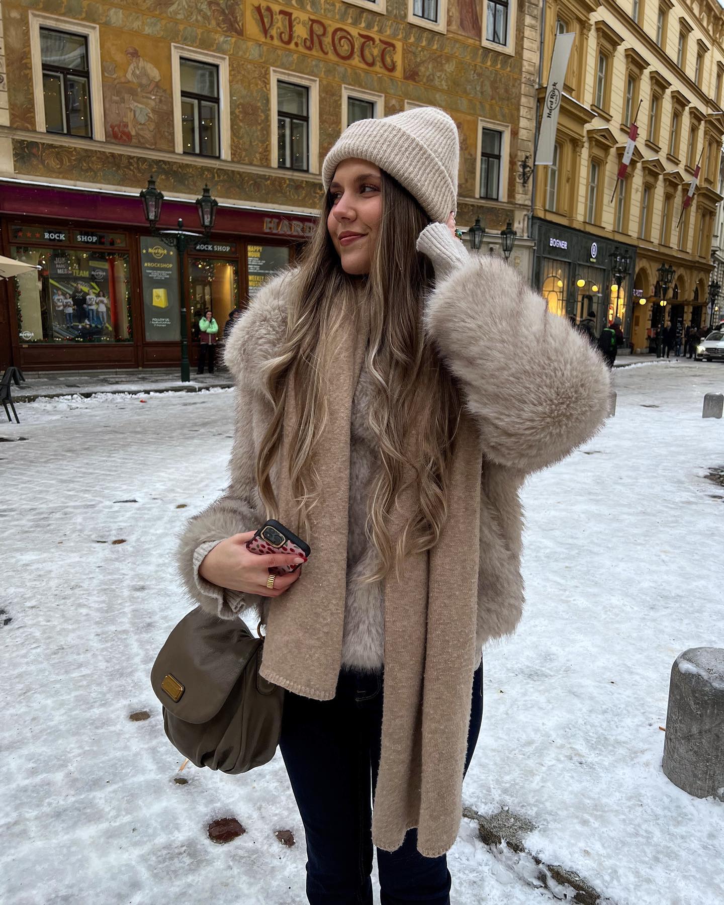 Cozy Faux Fur Coat And Knit Beanie Winter Look