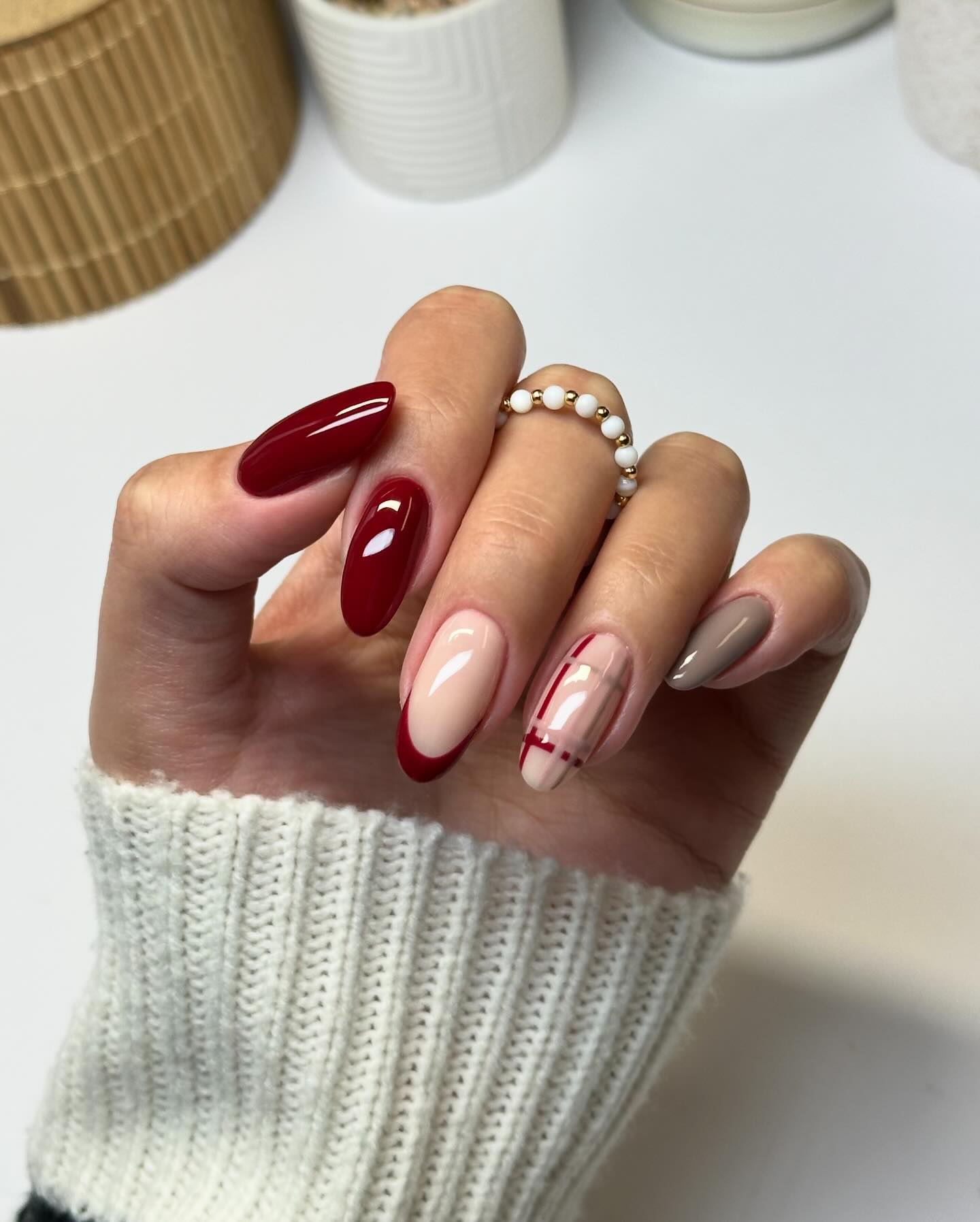 Cozy Plaid & Deep Red Almond Nails