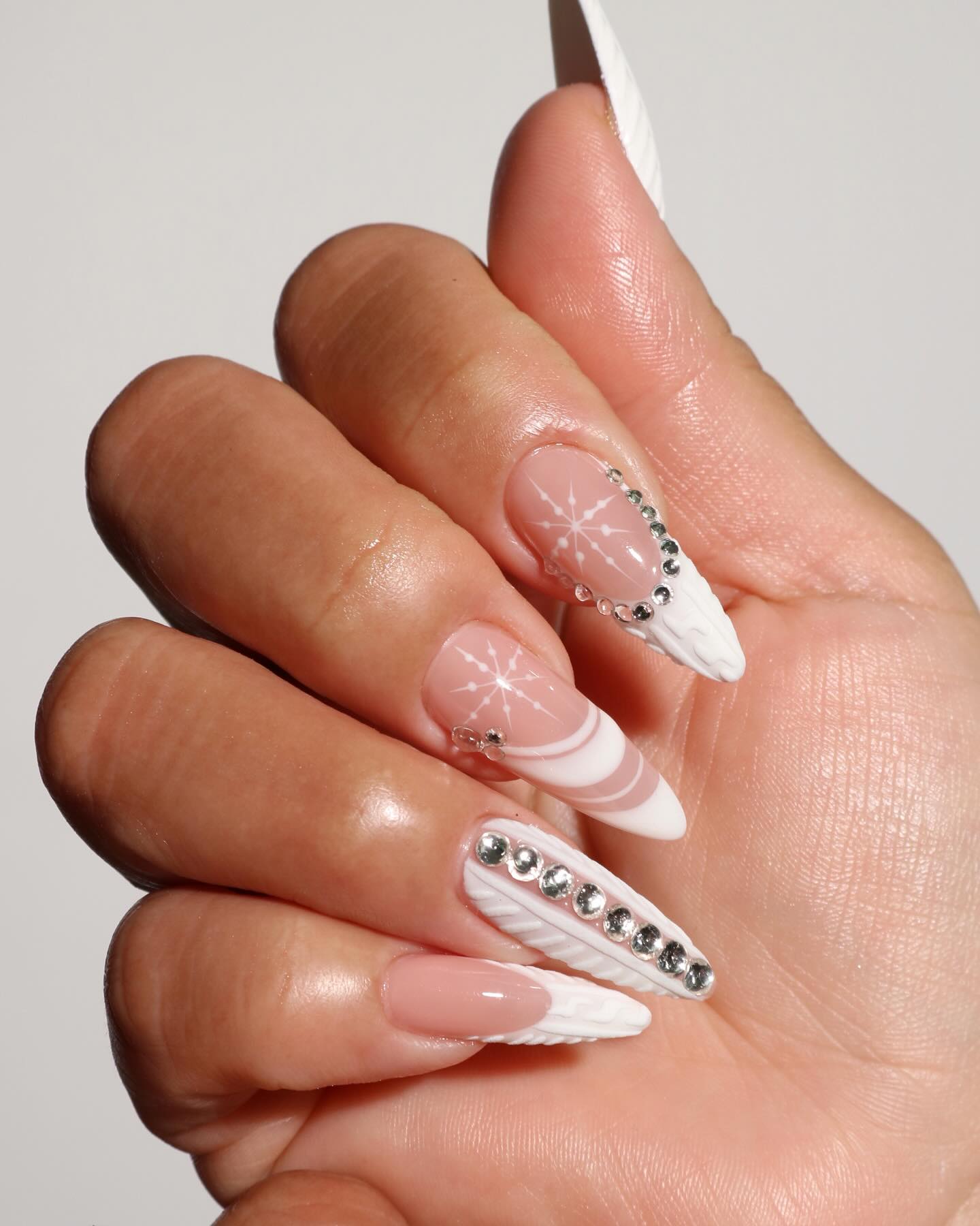 Cozy Snowflake French Tip Stiletto Nails