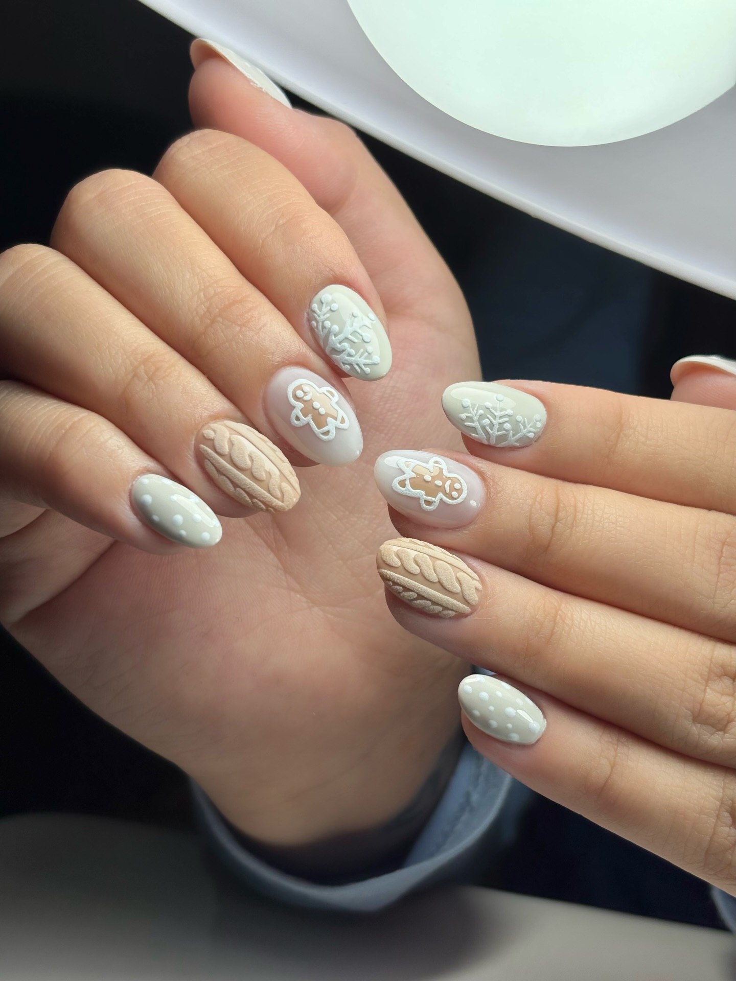 Cozy Sweater Nail Art with Gingerbread and Snowflakes