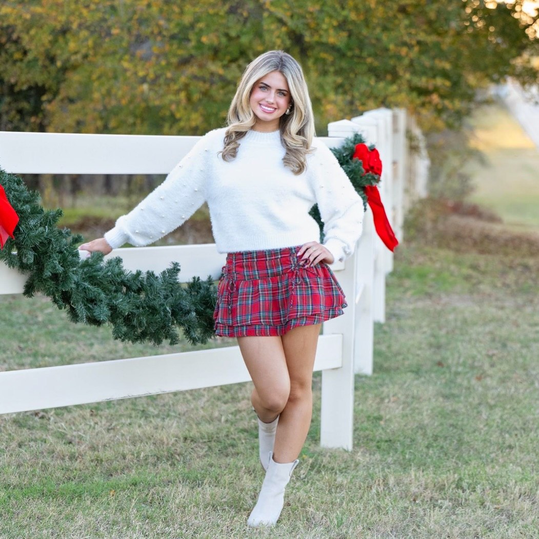 Cozy Tartan Mini Skirt With Pearl Embellished Sweater