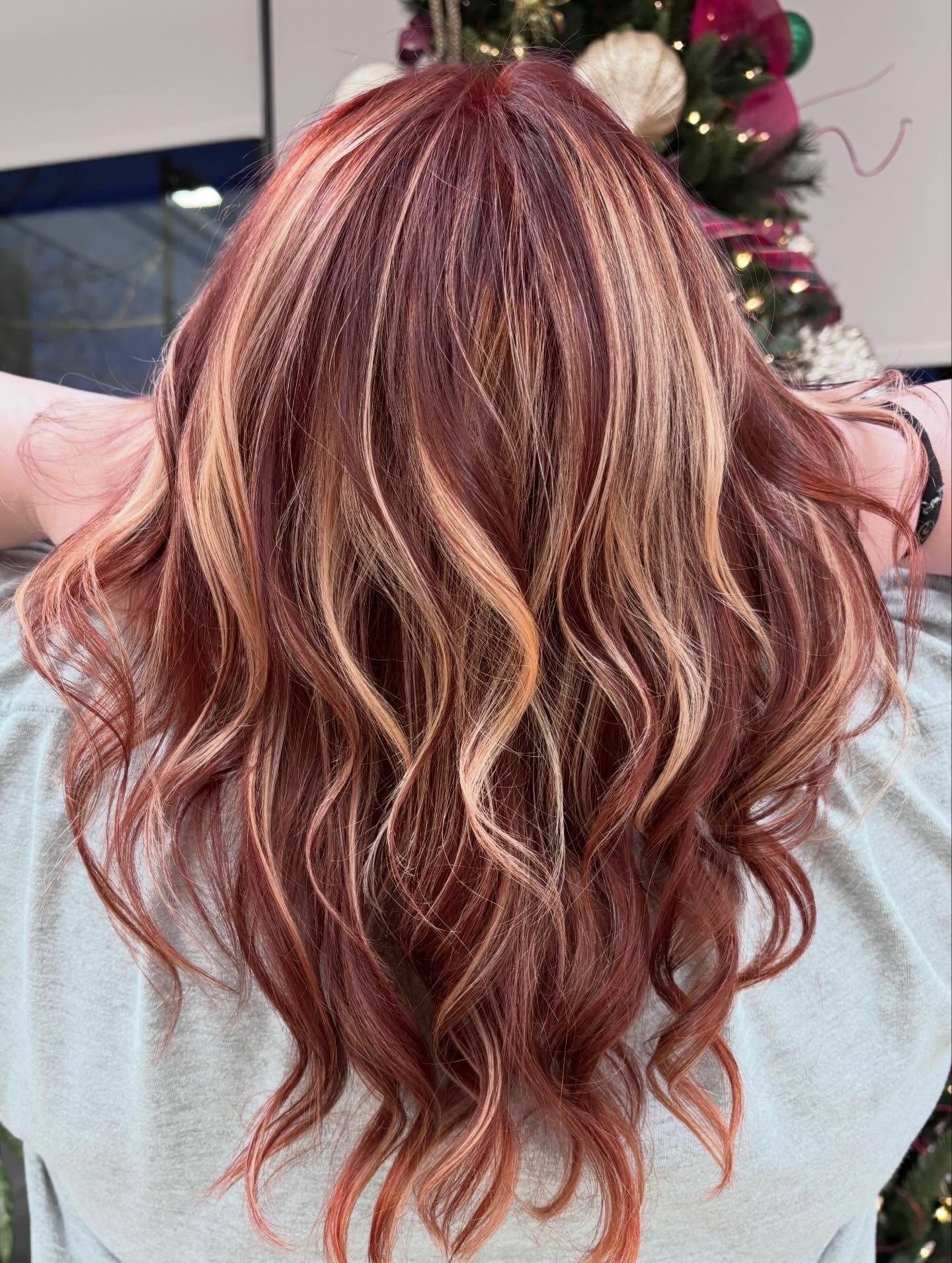 Crimson Red With Blonde Highlights And Loose Waves