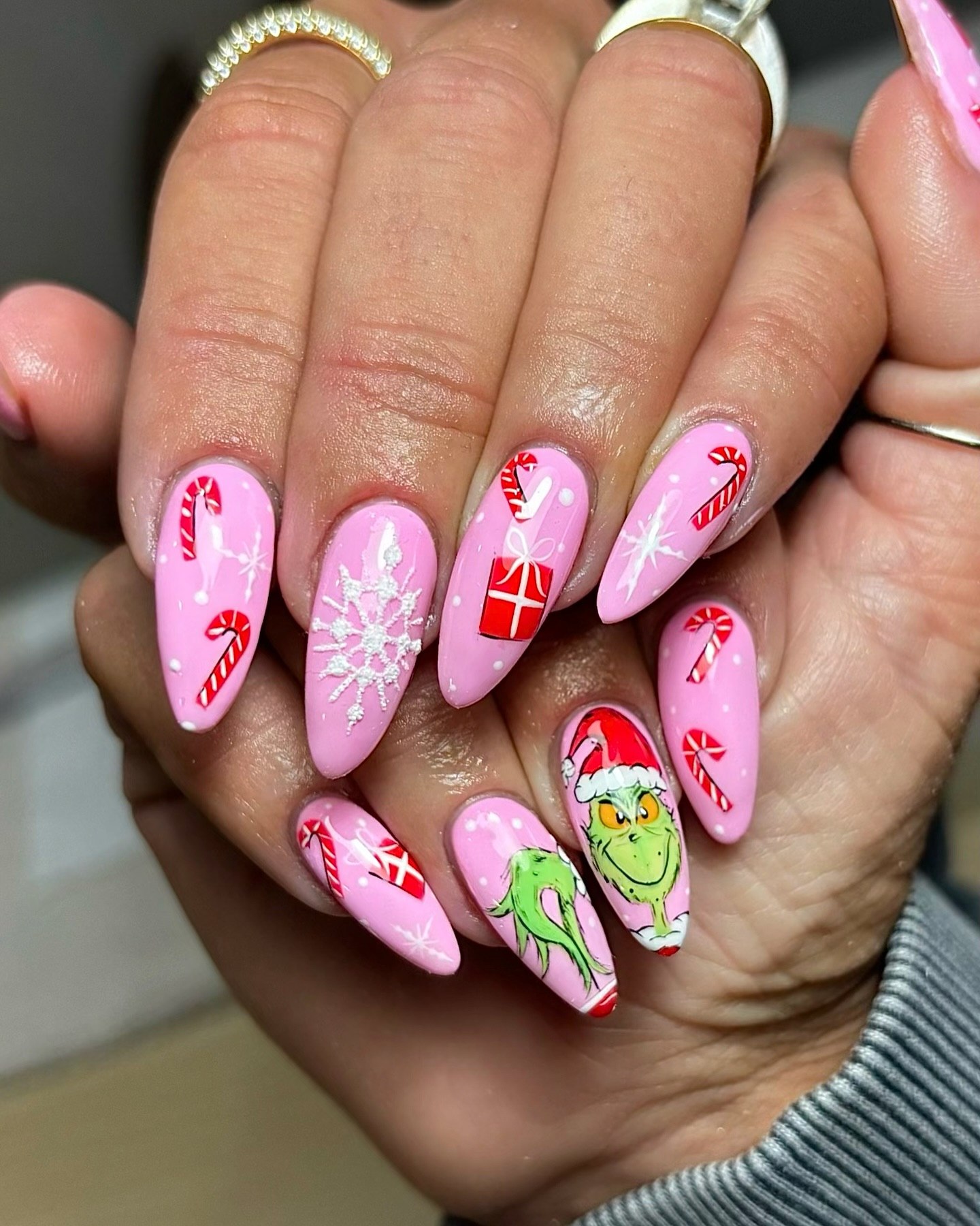 Cute Grinch Pink Almond Nails