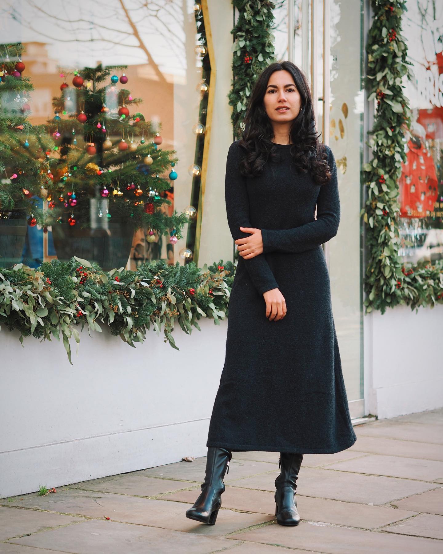 Dark Charcoal Knit Dress With Black Leather Boots