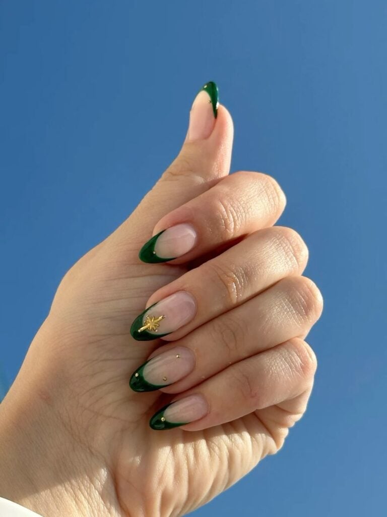 Nude Base Dark Green French Tip with Gold Star Charm — Dark Green Christmas Nails