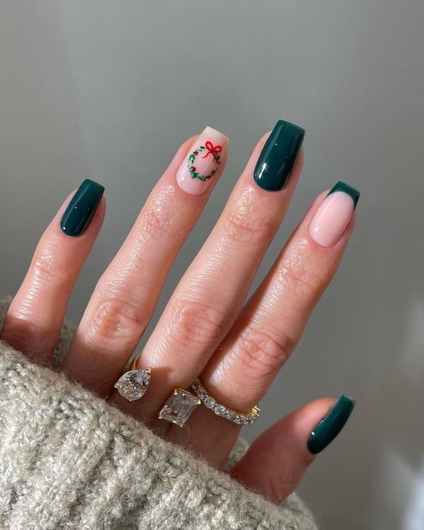 Short Square Green French Tip with Wreath Art — Dark Green Christmas Nails