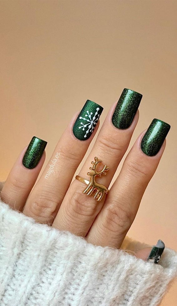 Short Square Shimmer Green with Snowflake — Dark Green Christmas Nails
