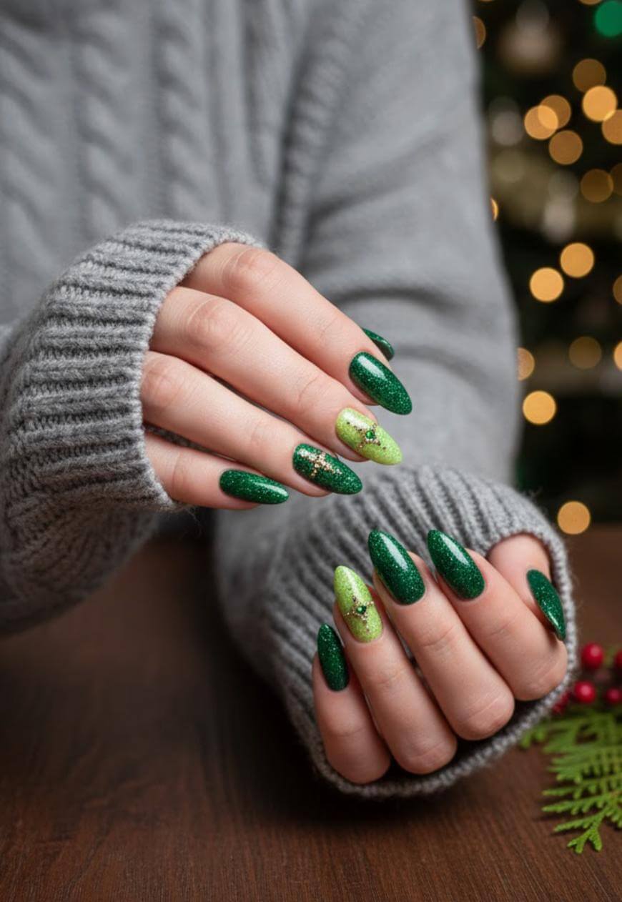 Medium Almond Mixed Green Glitter with Rhinestones — Dark Green Christmas Nails