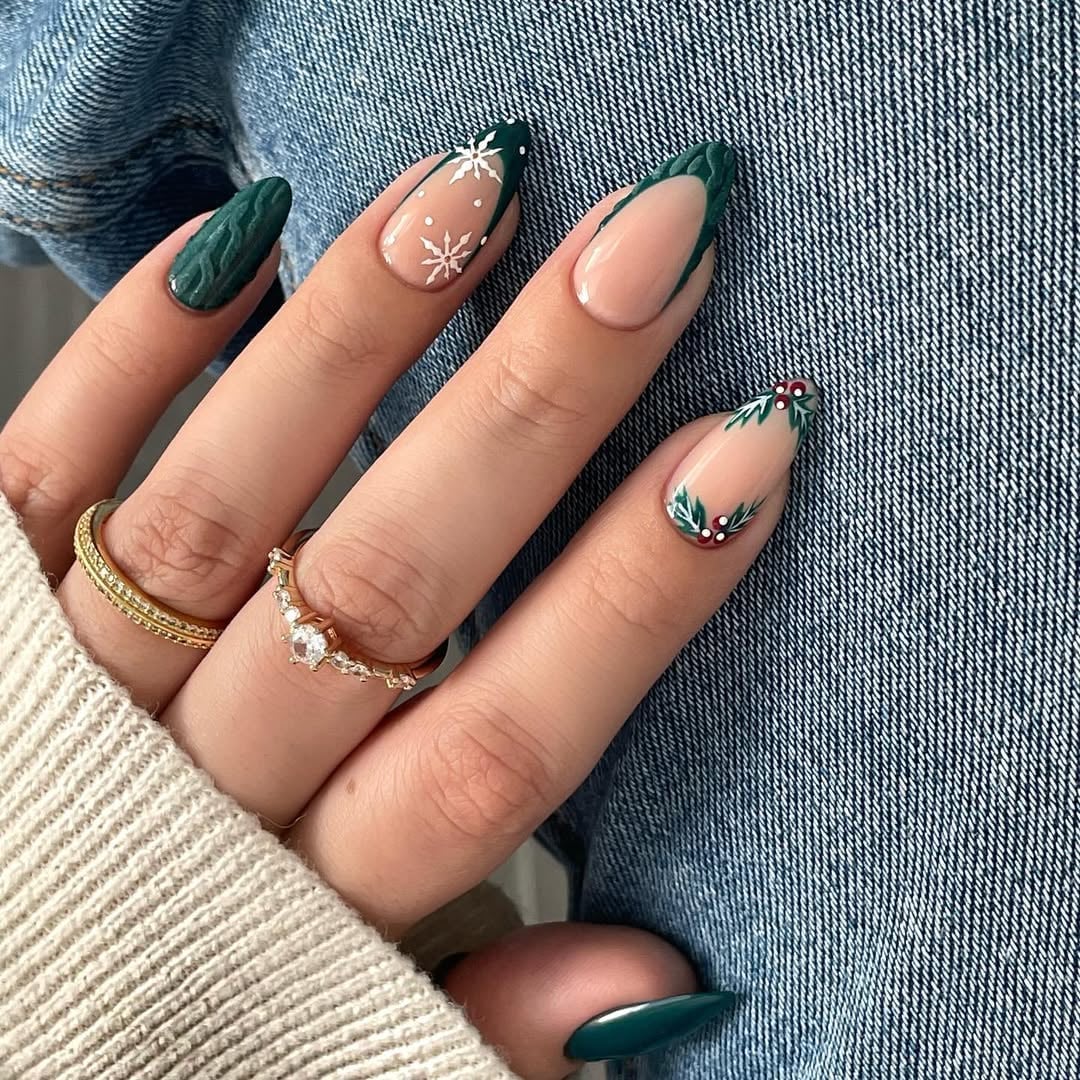 Dark Green French Tip with Snowflake and Holly Art — Dark Green Christmas Nails