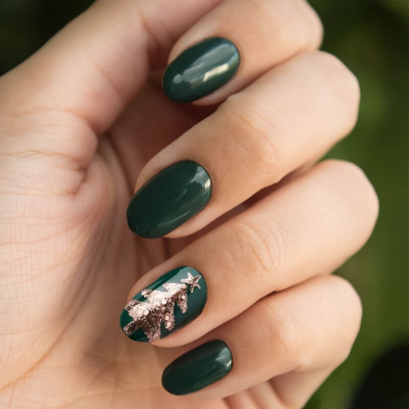 Short Oval Green with Rose Gold Glitter Tree — Dark Green Christmas Nails