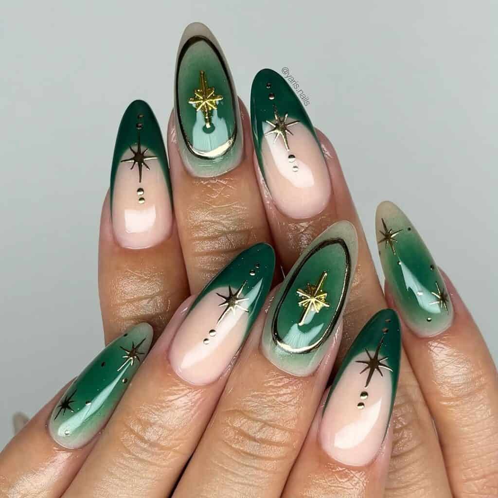 Dark Green to Pink Ombre with Gold Star Accents — Dark Green Christmas Nails