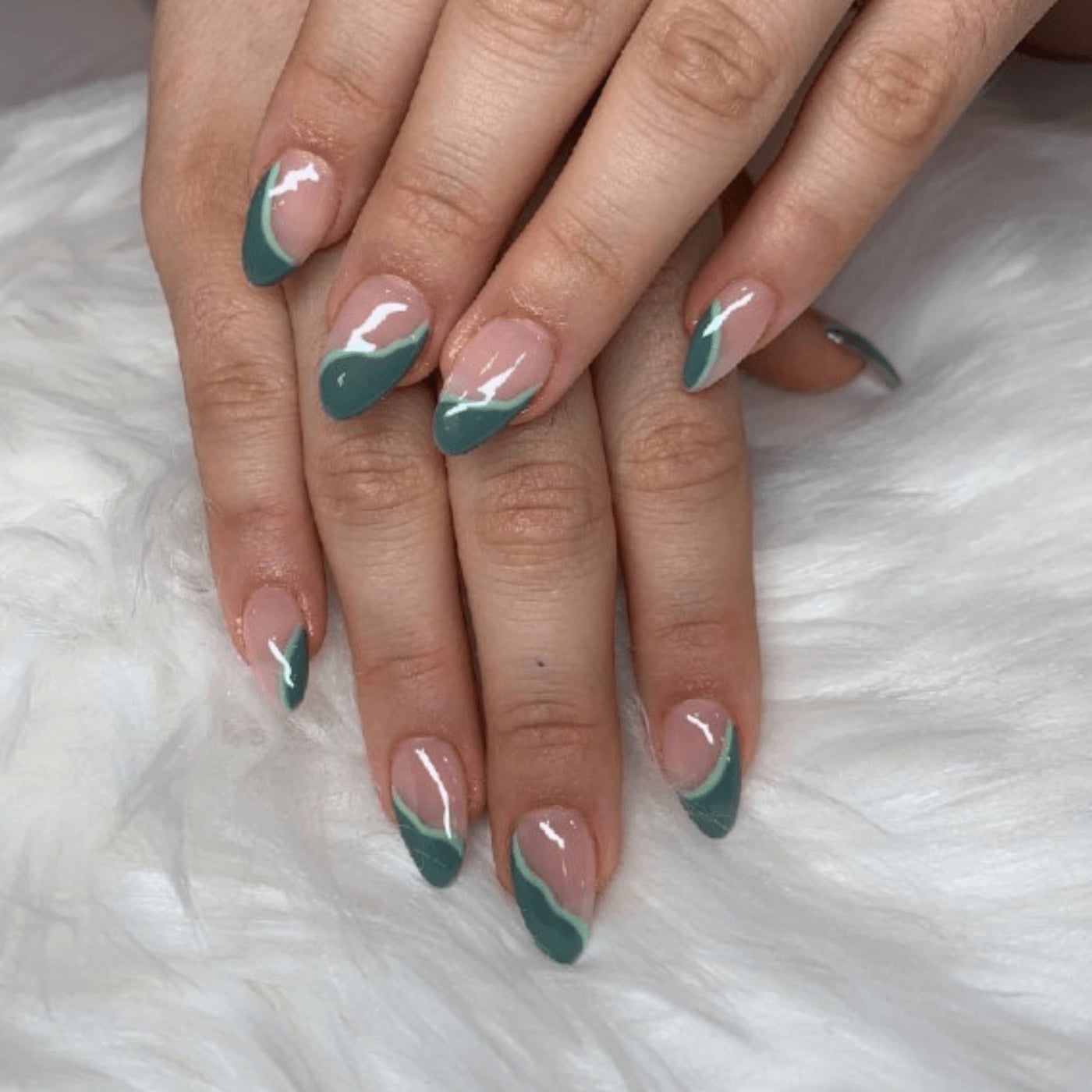 Medium Almond Wavy French Tip with White Accent — Dark Green Christmas Nails