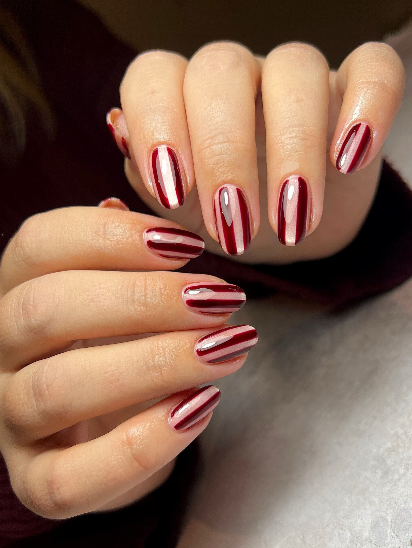 Deep Burgundy and Silver Striped Almond Nails