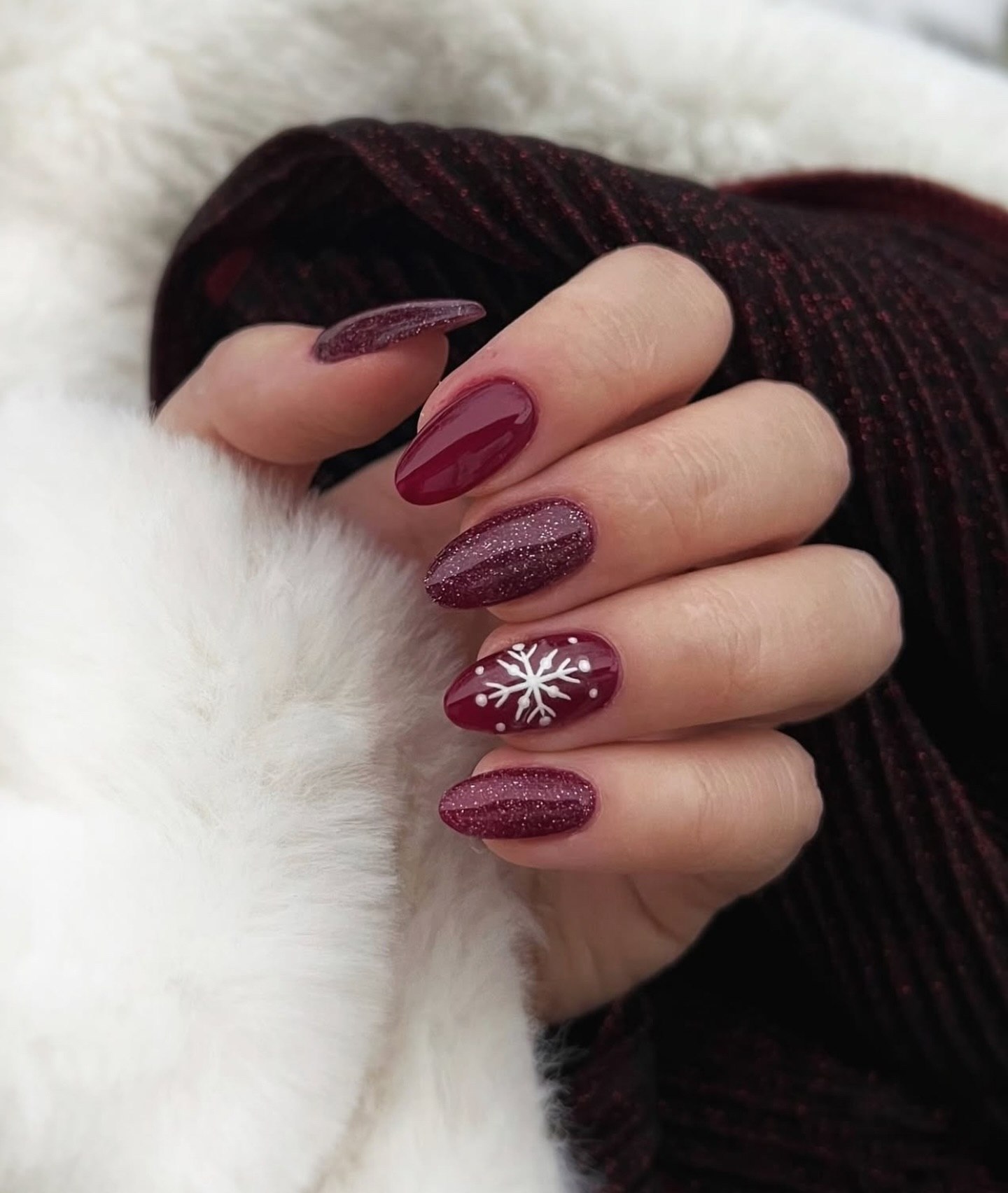 Deep Burgundy Snowflake Glitter Almond Nails