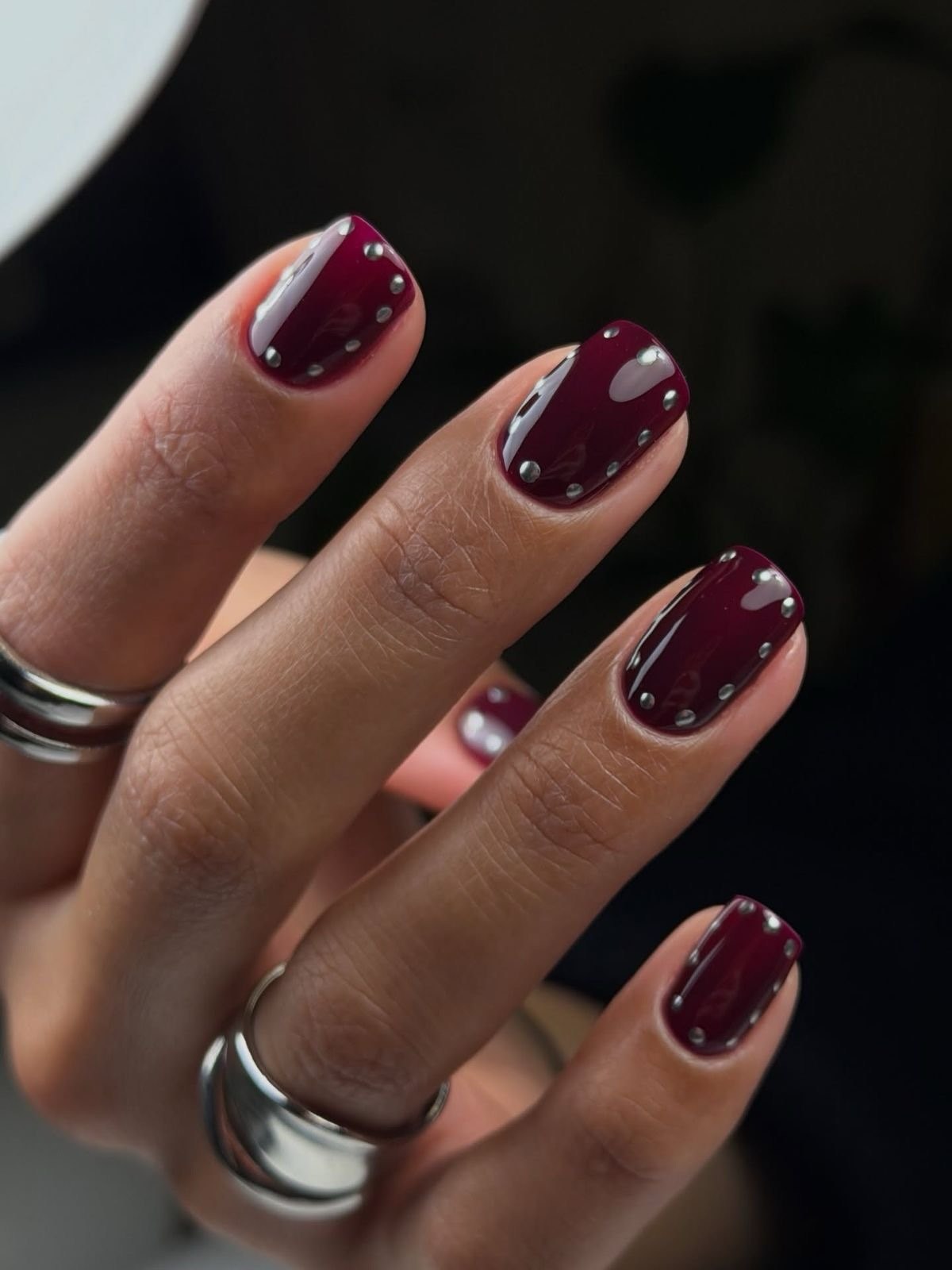 Deep Burgundy Studded Glossy Square Nails