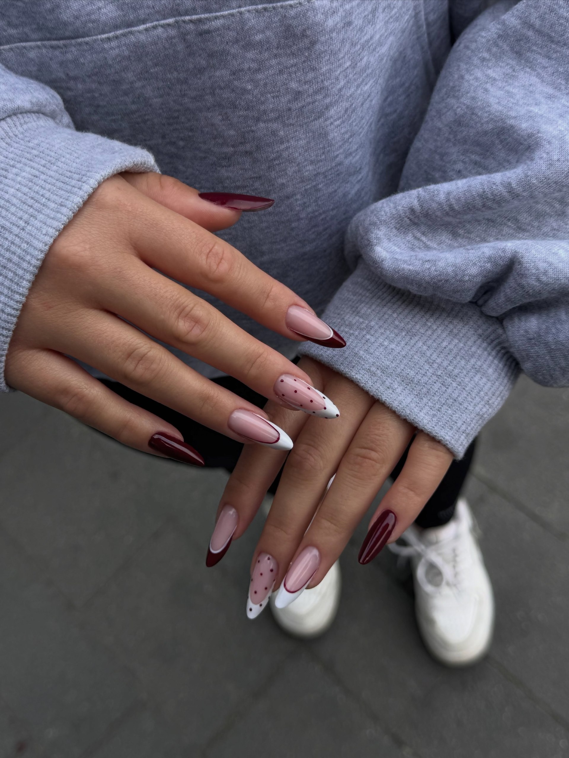 Deep Cherry French Tips With Polka Dots