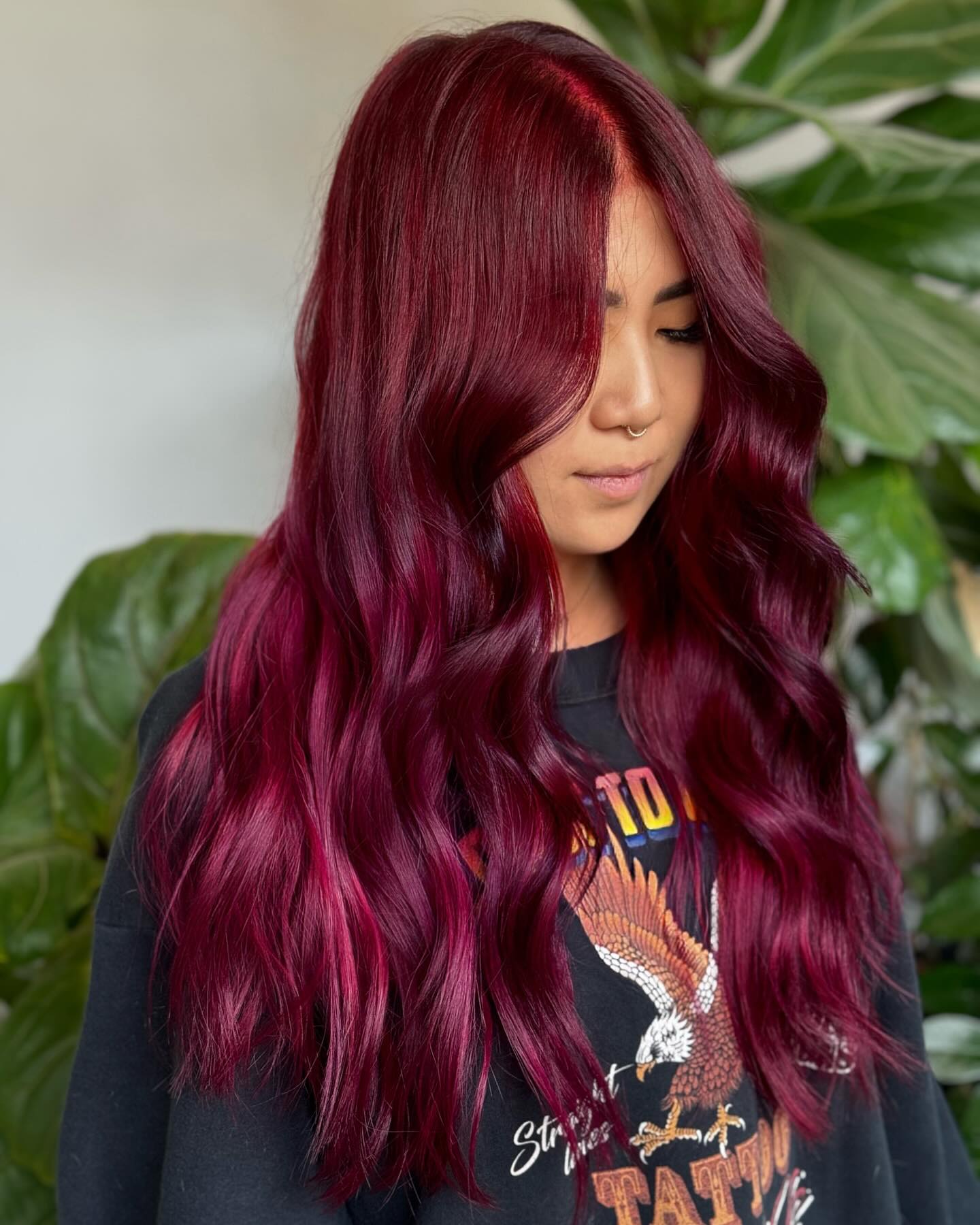 Deep Cherry Red Waves With Face Framing