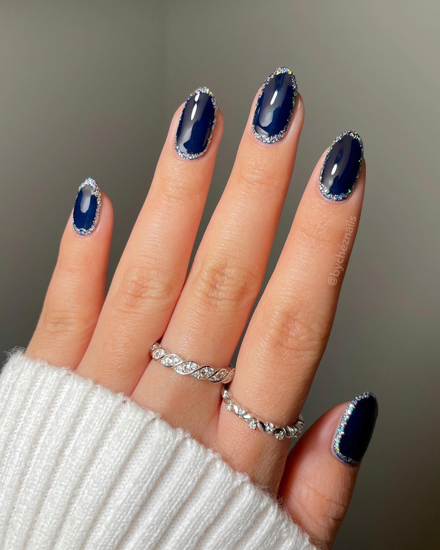 Deep Navy Oval Nails with Crystal French Tips