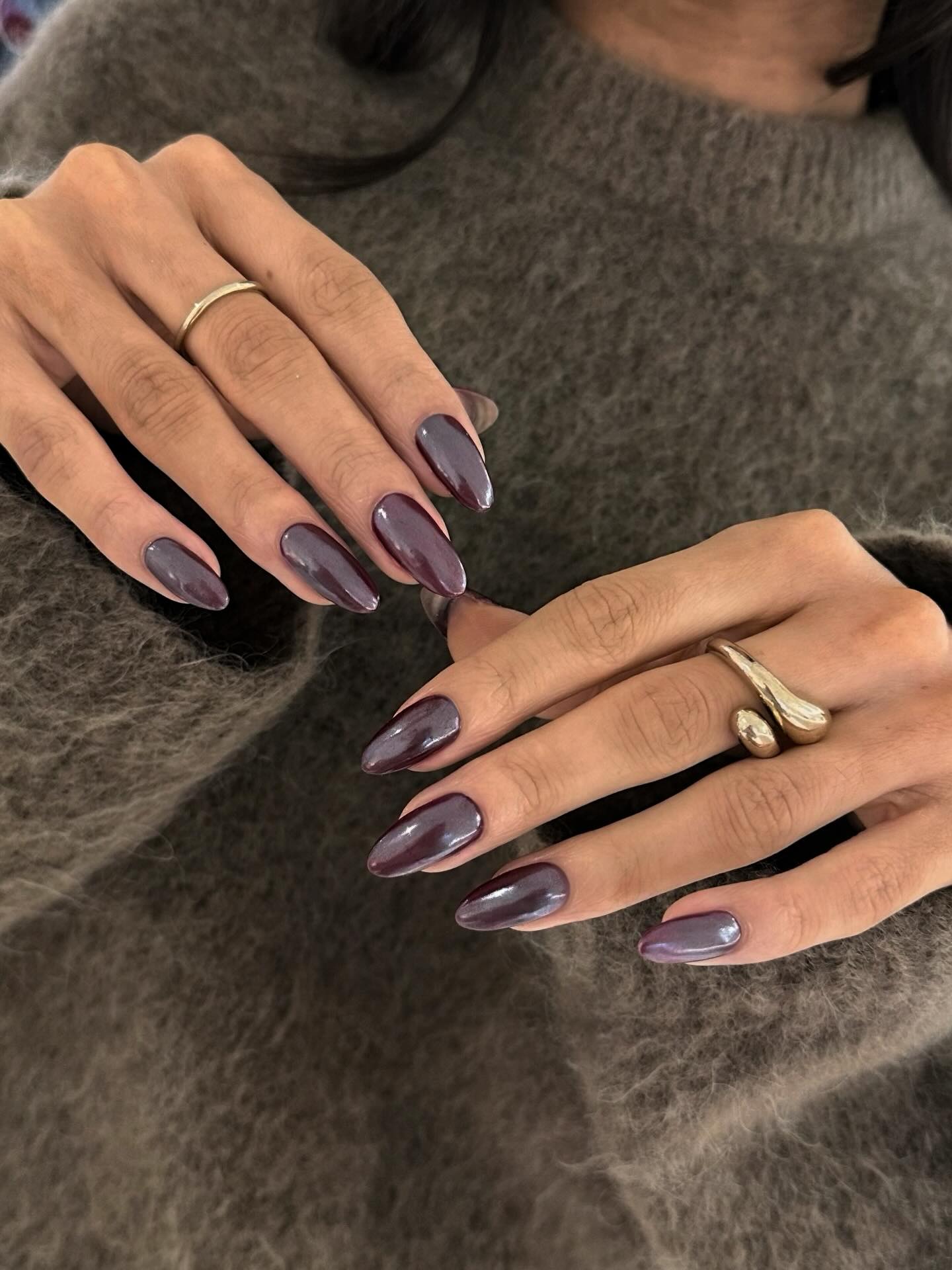 Deep Plum Chrome Almond Nails