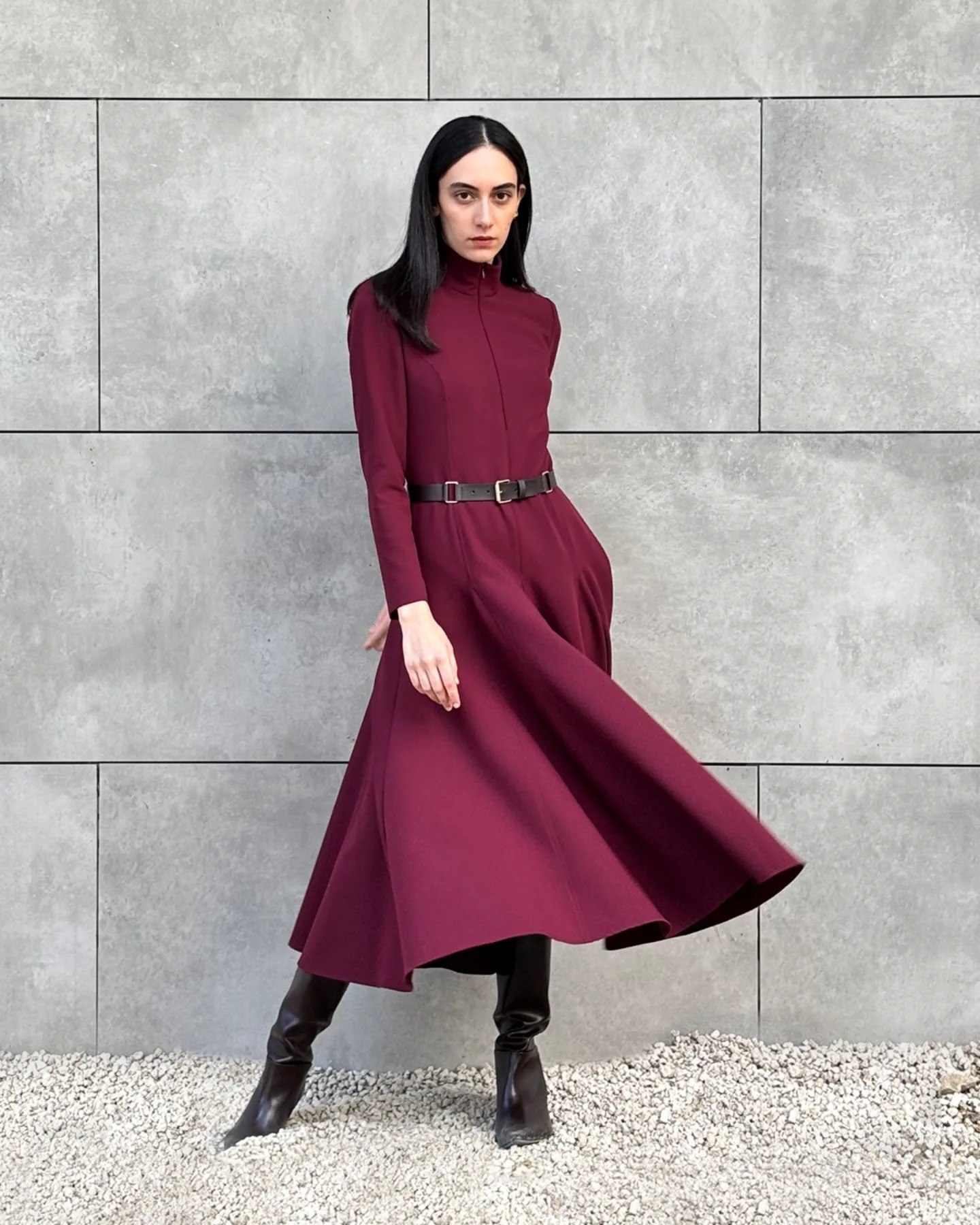 Elegant Burgundy High Neck Midi Dress Look