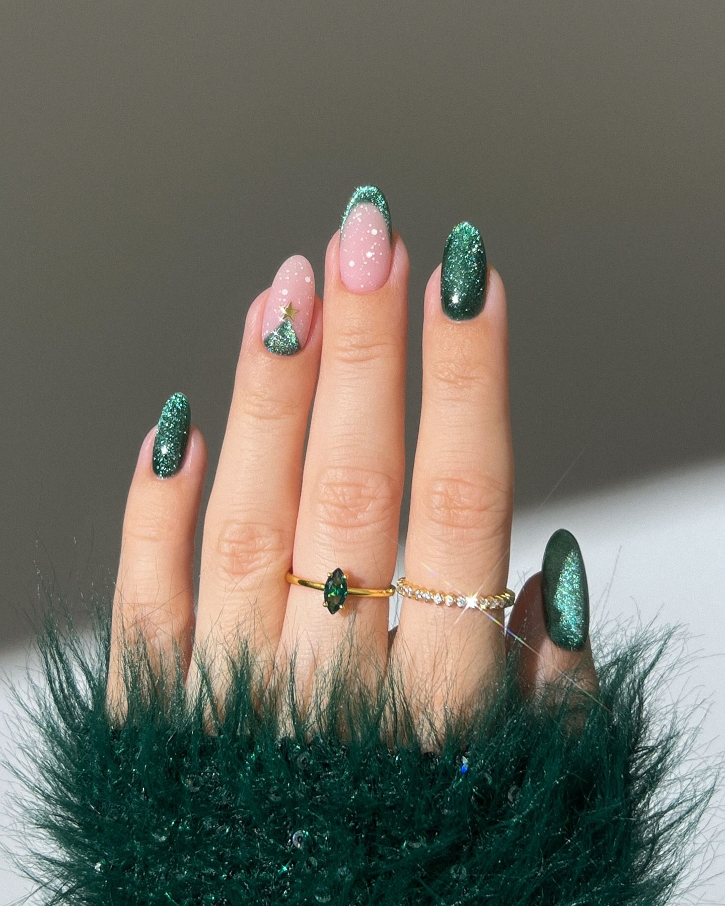 Emerald Glitter French Christmas Tree Almond Nails