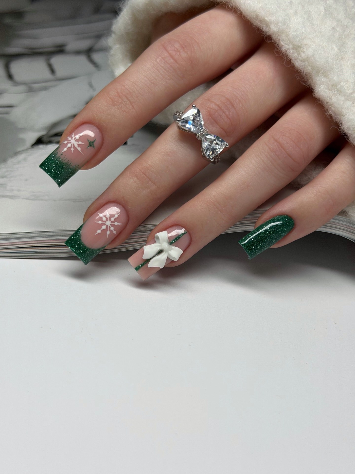 Emerald Glitter French Tips With Winter Snowflakes And Bow