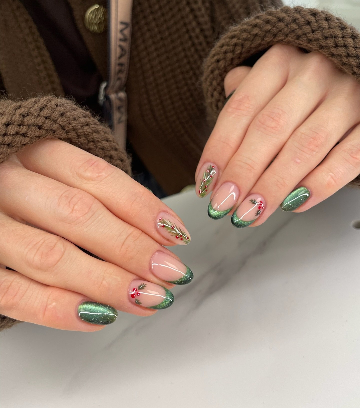 Emerald Green Cat Eye French Tips with Holly Accents