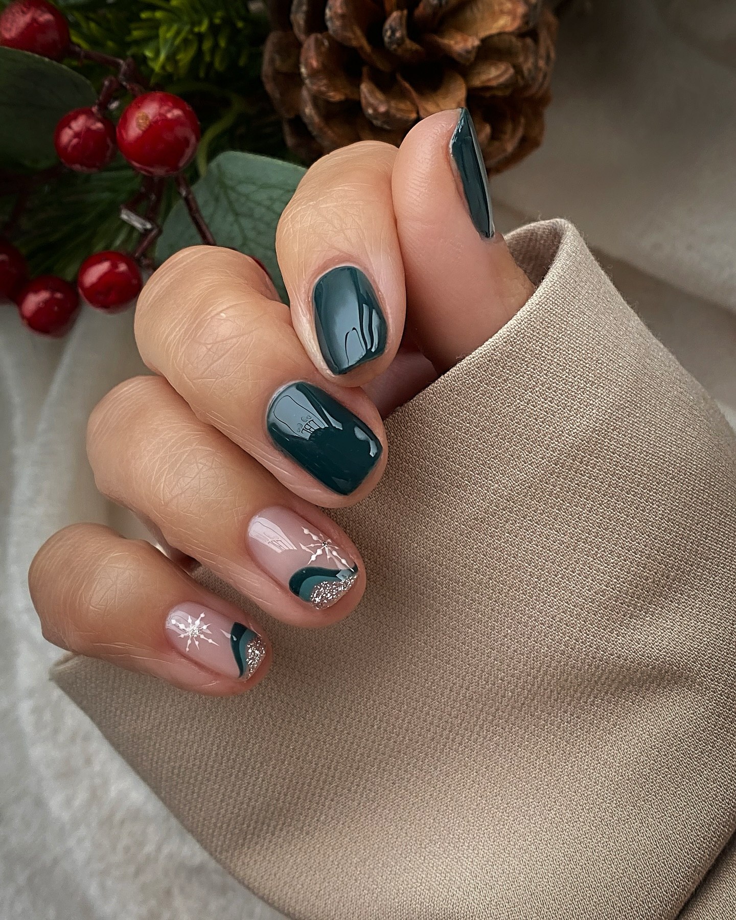 Emerald Snowflake French Tips with Glitter Accent