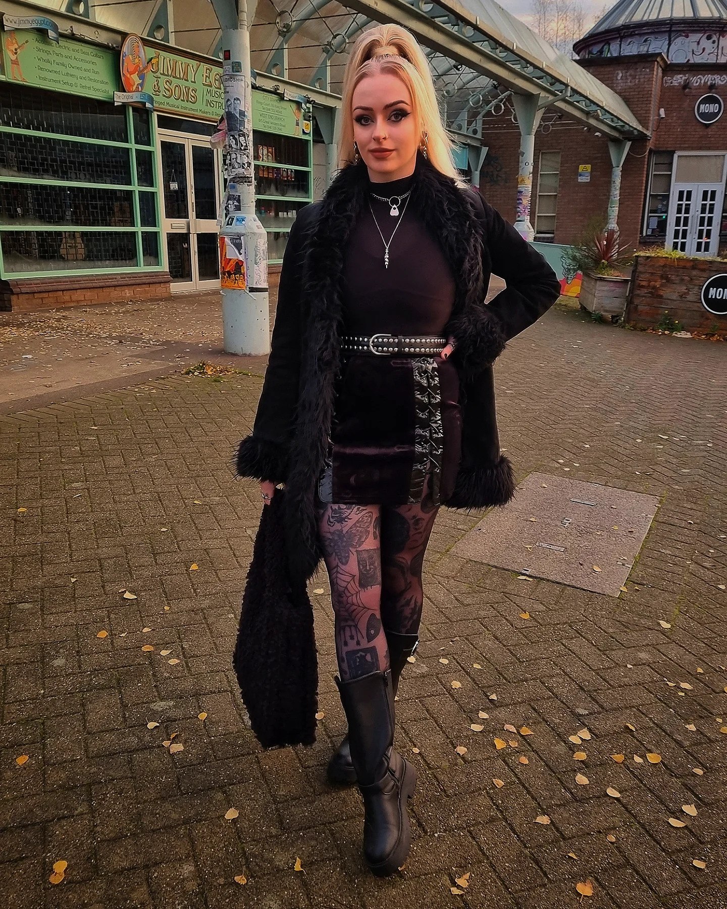 Faux Fur Trimmed Coat With Edgy Tights