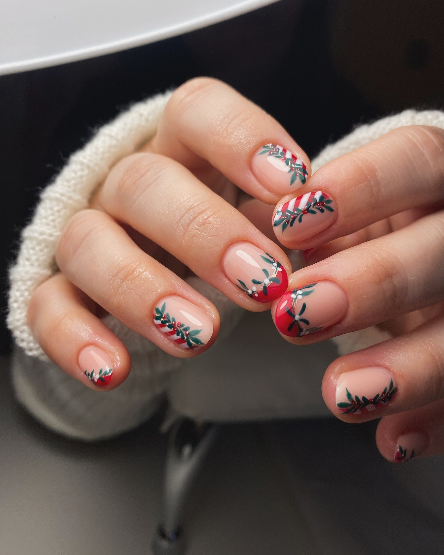 Festive Candy Cane & Holly French Tips