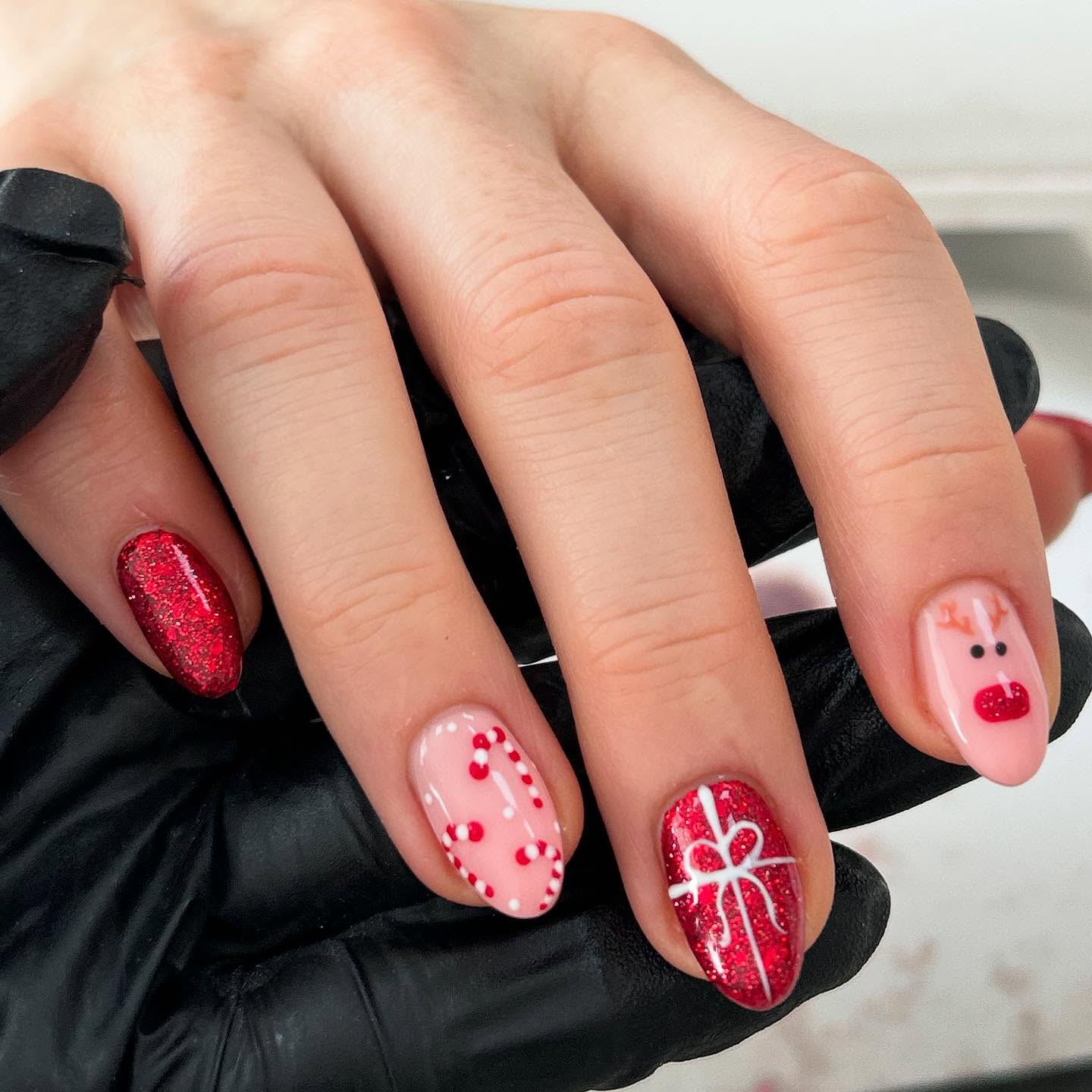 Festive Candy Cane & Reindeer Holiday Nails