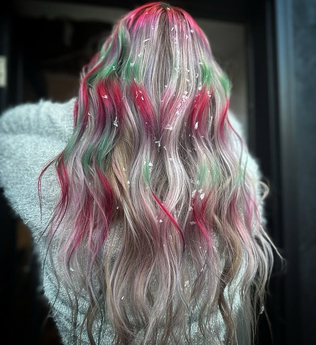 Festive Christmas Hair Color With Red & Green Streaks