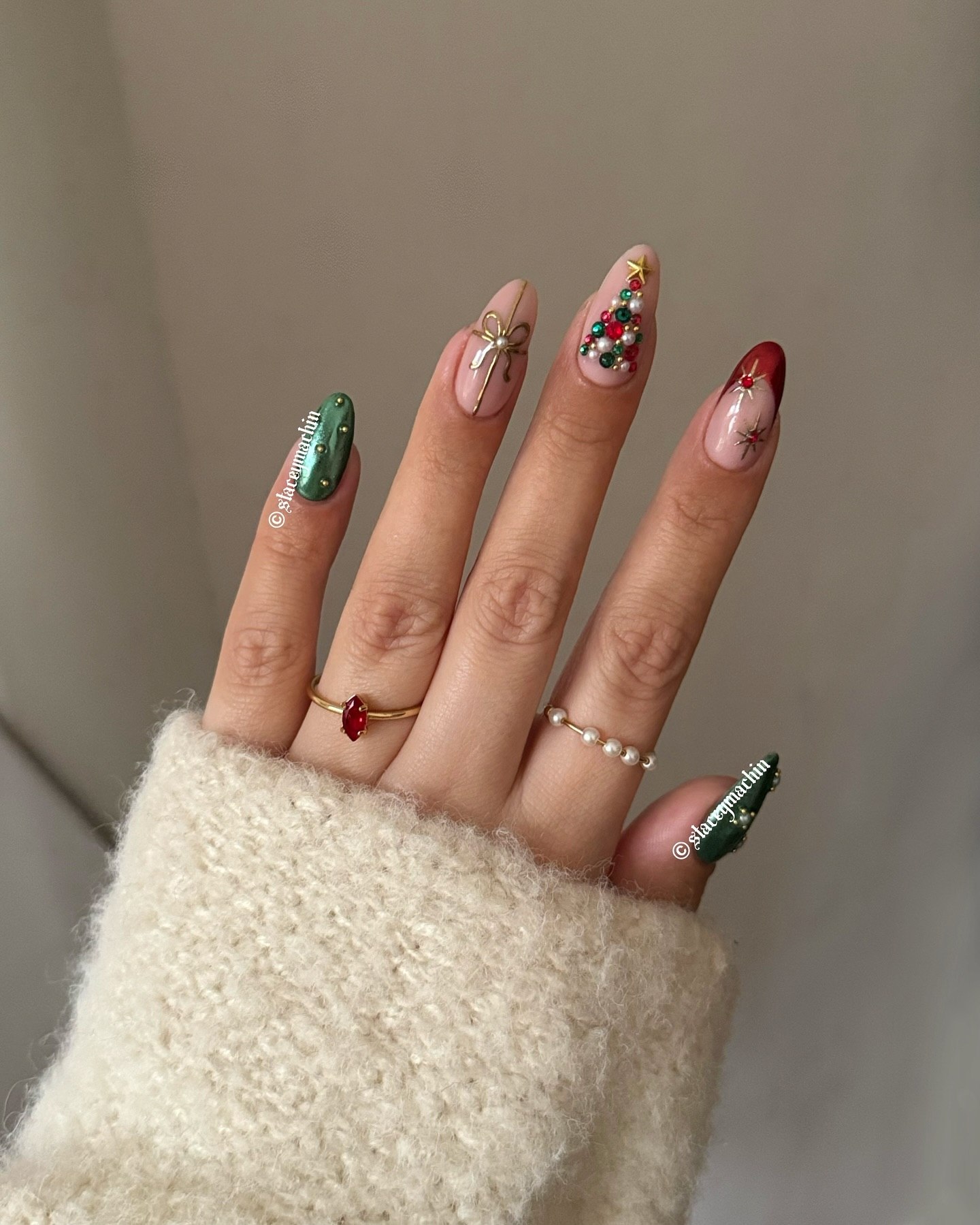 Festive Christmas Tree Almond Nails