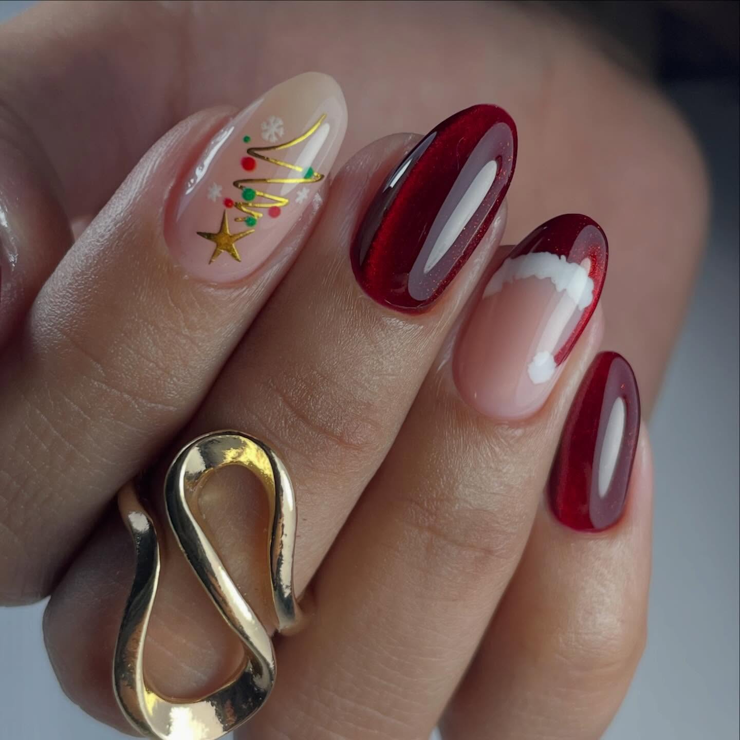 Festive Christmas Tree and Santa Hat French Tips